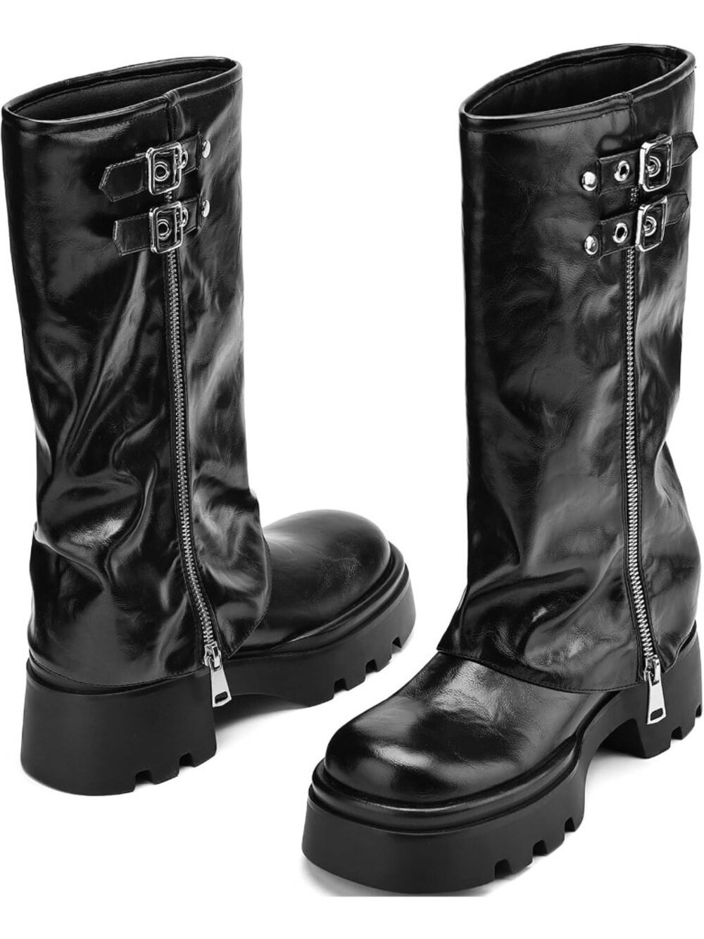 Women's Black Faux Leather Knee High Moto Boots Wide Calf Platform Buckle Boots - Picture 5 of 6